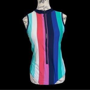 Cabana Life One Piece Swimsuit Womens M Stripe Zip Front Sleeveless UPF